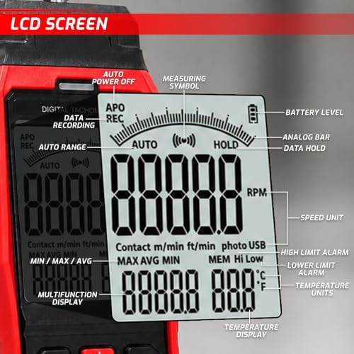 Digital Tachometer Non-Contact & Contact RPM Meter Datalogger, 3-100,000 RPM Laser Tachometer with 2,000 Data Logging Function, Surface Speed & Length Measurement, Includes Reflective Tape and Probes