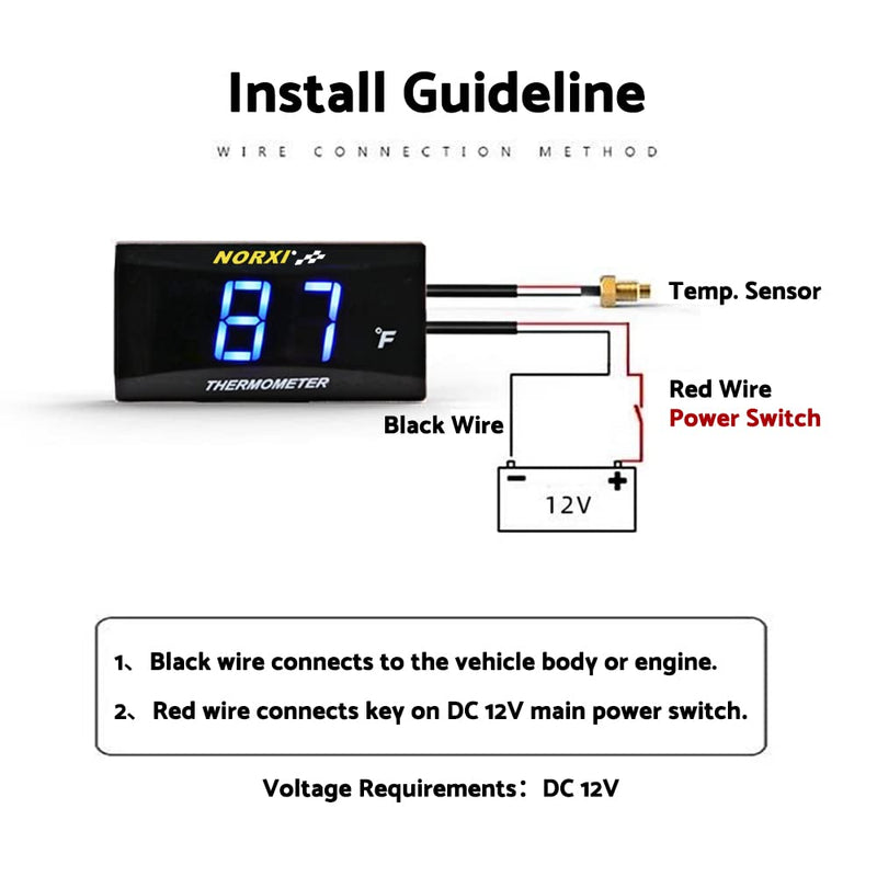 Motorcycle Water Temperature Meter Fahrenheit Thermometer Universal Digital Water Temperature Gauge Super Slim Style Thermometer for Racing Scooter LED Display DC 12V (Blue) Blue Meter