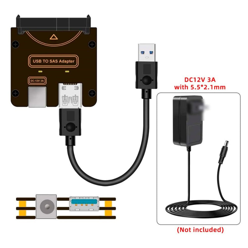 cablecc 29Pin SFF-8482 SAS to USB 3.0 5Gbps Hard Disk Drive Raid Adapter with Chipset and Power Port (Need 12V/3A Power Supply) SFF-8482 to USB3.0 cable with power supply