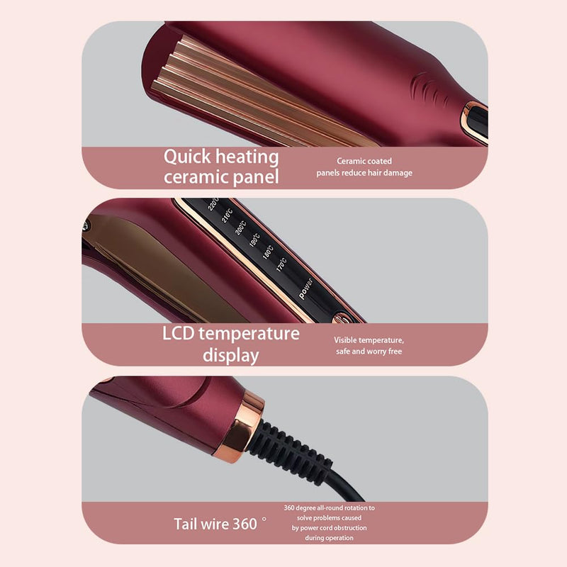 Hair Crimper for Women, Professional Crimper Hair Tool, Ceramic Crimper Wave Curling with 6 Adjustable Temperatures, Iron Wand Wet Dry Styling Tool for Fluffy, Corn, Perm, Waves, Straight Hair Red