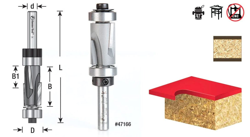 Amana Tool 47164 Carbide Tipped Flush Trim Compression 1/2 D x 1 Inch CH x 1/4 SHK w/Upper and Lower Ball Bearing Guides Router Bit