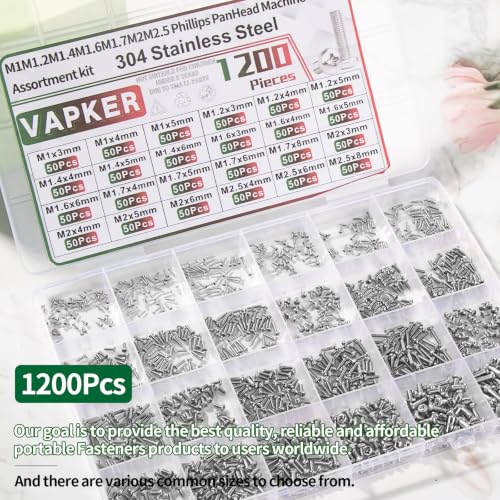 VAPKER 1200Pcs Round Pan Head Mini Machine Screws M1 M1.2 M1.4 M1.6 M1.7 M2 M2.5 Metric Phillips Drive 304 Stainless Steel Micro Screw for Laptop Eyeglass Watch Repair