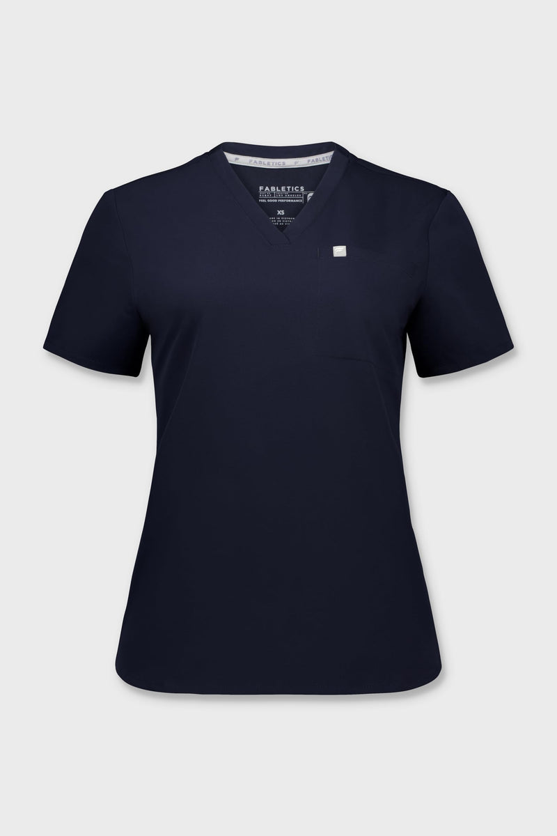 Fabletics Women's Vital 1-Pocket Scrub Top - MotionTech, Wrinkle-Resist, Chest Pocket, Anti-Shrink, Semi-Slim Fit Medium Navy