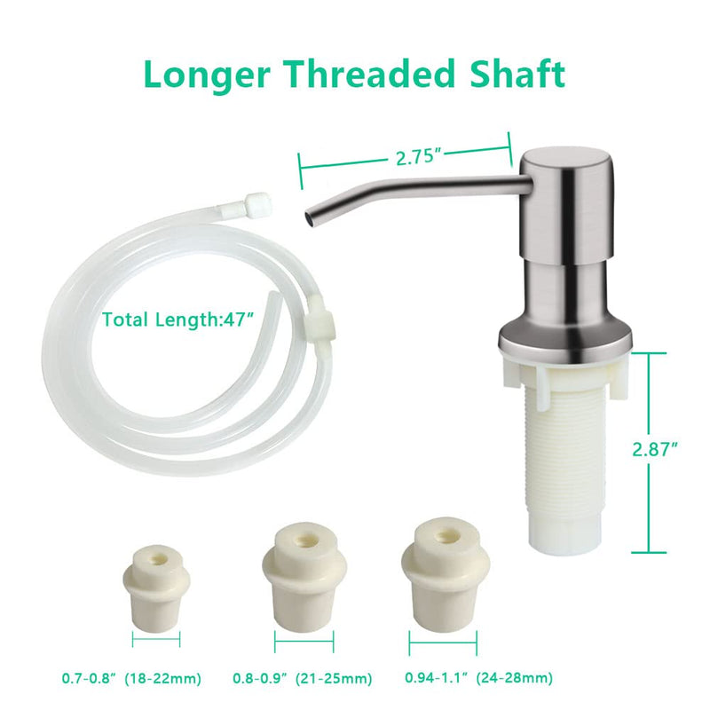 Soap Dispenser for Kitchen Sink, Built in Sink Soap Dispenser (Brushed Nickel), Countertop Soap Dispenser Pump with 47" Extension Tube kit, No Need to Fill Little Bottle Again (Longer Thread Shaft) Brushed Nickel