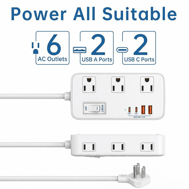 Power Strip with Surge Protector, Outlet Extender,6 AC, 2 USB A,2 USB C Port for 17W Power Strip Charger 5ft Power Cord 1875W 100-250V for Home, Office, Dorm Essential,White