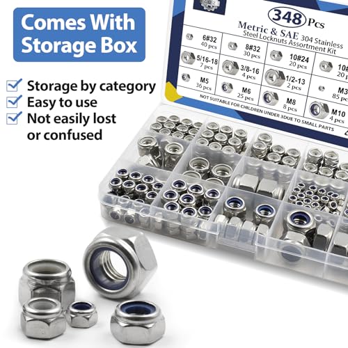 348Pcs SAE(#6-1/2) &Metric(M3-M12) Stainless Nylon Lock Nuts Assortment Kit SAE and Metric Assortment; 348pcs Silver