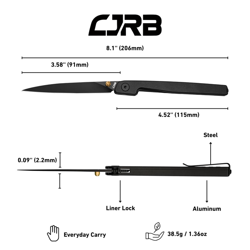 CJRB Lanky EDC Pocket Knife for Men, 3.58" AR-RPM9 Steel Blade Utility Knife with Liner Lock Pocket Clip for Home Office Gifts, Designed by Jake Diaz (J1965) AR-RPM9 Blade & Black Aluminum Handle
