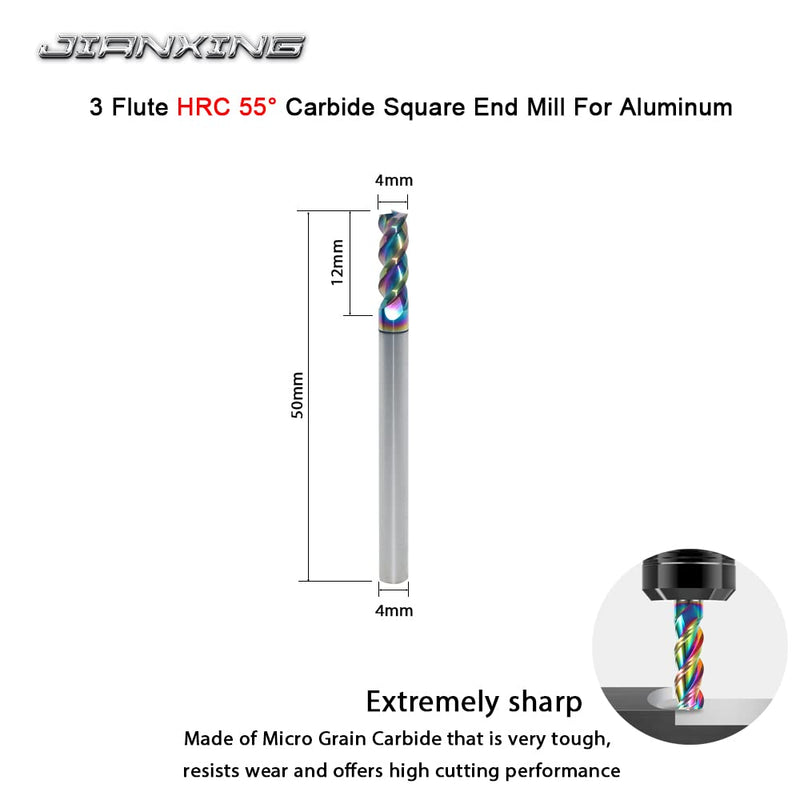 4mm Carbide Square End Mill for Aluminum & Copper Applications, 3-Flute, HRC 55 Deg, 4mm Cutting Diameter, 50mm Length, High Feed U-Type Design, for Roughing and Finishing (3 Pieces) 4mm (3 Pieces)