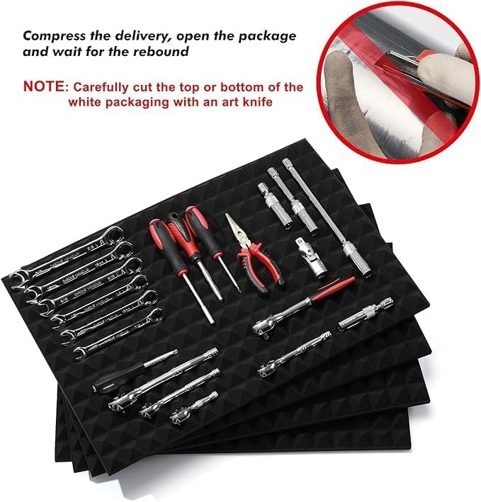 CASOMAN 4PCS Professional Toolbox liner, Trap Mat Universal Tool Drawer Liner, Non-Slip Foam Inserts, Easy Cut, Black, 23.6"x15.7" 4-piece