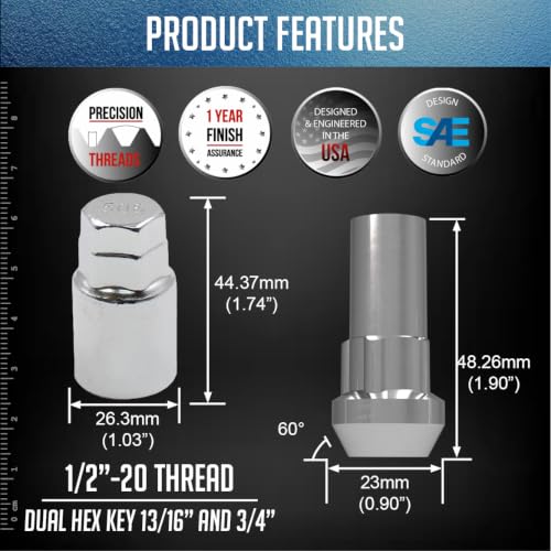 Wheel Accessories Parts 4 Locks + Key 1/2"-20 Thread Closed End Bulge 1.90" Long Wheel Lock Chrome Dual Hex Key 13/16" and 3/4" Hex Fits Chevy C10 GMC C15 C1500 Dodge Ram 1500 Ford F100 F150 Chevy K20 K30 C30 GMC C15 C1500