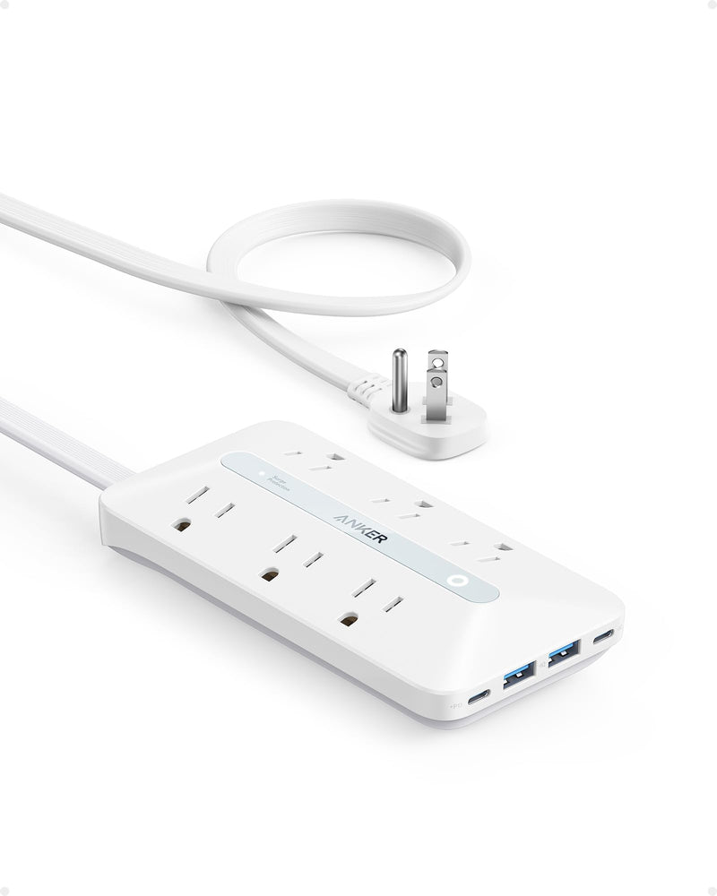 Flat Plug Power Strip(300J), Anker 20W USB C Power Strip, 10-in-1 Ultra Thin Power Strip with 6 AC, 2 USB A/2 USB C,10ft Extension Cord, Desk Charging Station,Home Office College Dorm Room Essentials 10FT White