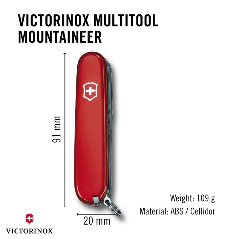 Victorinox Mountaineer Swiss Army Knife, 18 Function Pocket Knife,Red | light and compact tool Includes scissors and a nail file with metal saw