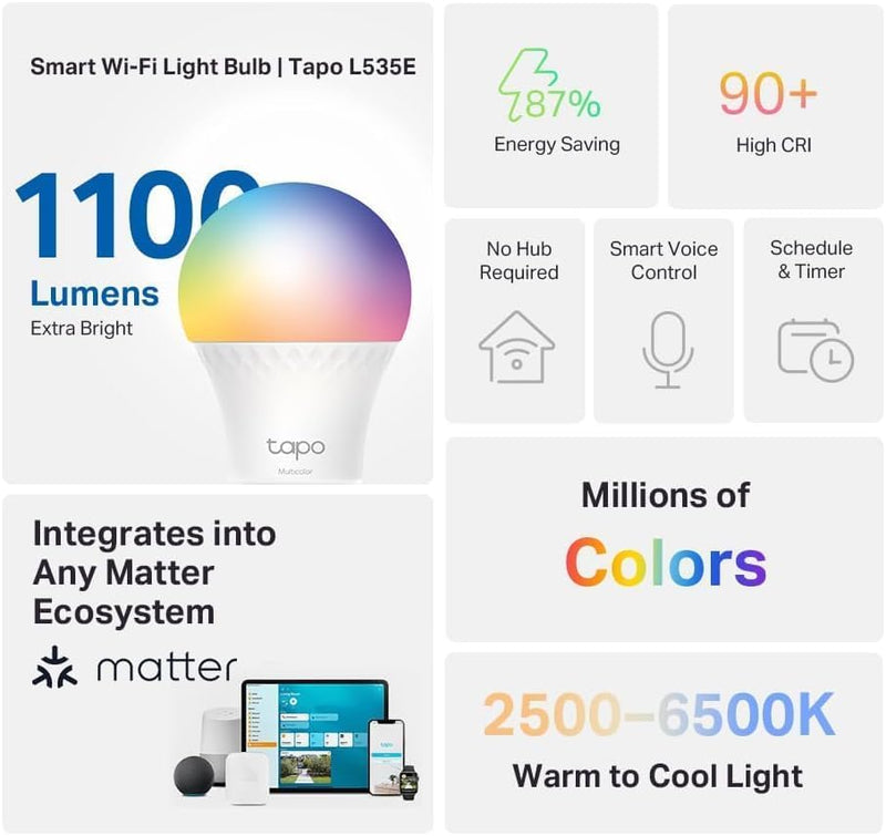 Tapo TP-Link Smart Light Bulbs, 1100 Lumens High Brightness (75W Equivalent), Matter-Certified, 16M Colors WiFi Light Bulb, Dimmable, Works w/Siri, Alexa & Google Home, A19 E26, L535E(4-Pack) Matter Light Bulb 4 Pack