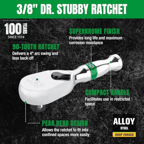 SK 3/8" Drive Stubby Ratchet Handle, 90-Tooth Pear Head, Alloy Steel