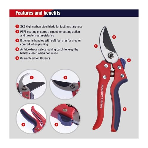 Spear & Jackson Razorsharp Bypass Pruning Shears, SK5 Carbon Steel Blades, Coated for Corrosion Resistance, Ergonomic Handles for Comfortable Use Bypass Pruner