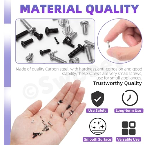 Swpeet 1200Pcs 24 Sizes M1 M1.2 M1.4 M1.6 M1.7 M2 M2.5 M3 Phillips Flat Head Machine Screws Assortment Kit, Small Cross-Head Flat Round Head Screws Tiny Fastener for Furniture Connection Black