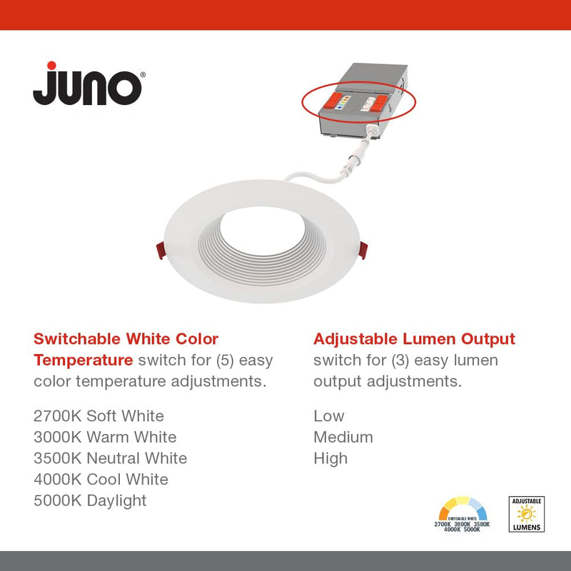 Juno LED Recessed Lights 6 Inch Round Wafer Downlight, 5-in-1 Switchable White Color Temperature, Adjustable Brightness, Deep Regressed Baffled Trim, 6-Inch, Matte White Deep Baffle Trim