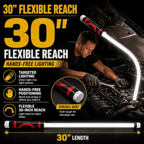 Flexible LED Flashlight Stick, 30" Bendable Mechanic Work Light, 1200LM | Rechargeable Inspection Light with 3 Modes, USB-C Charging, IPX6 Waterproof for Car Repair, Under Hood and Tight Spaces 30"