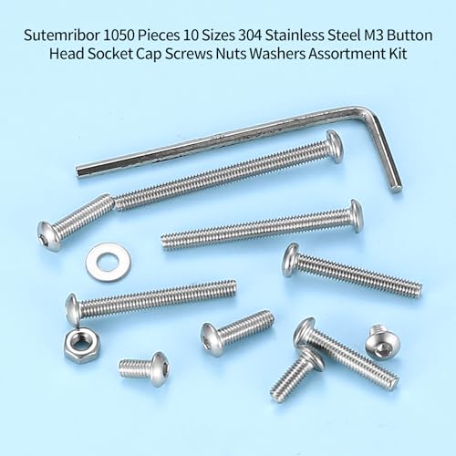 1050 Pcs M3 Screws Kit, M3 Machine Screws and Nuts and Washers Set, Assorted Button Head Socket Cap Screws Nuts and Bolts Assortment Kit, Stainless Steel Metric Screw Assortment, Fully Threaded 1050