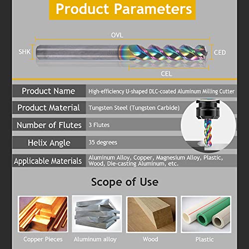 1/8" Carbide Square End Mill for Aluminum Copper Applications, 3-Flute,1/8" Cutting Diameter,DLC Coating, CNC Router Bits, End Mill Bits, U-Type Design, 10-Pack (3.175 * 3.175 * 15mm) 3.175*3.175*15mm