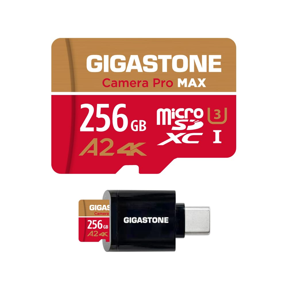 [5-Yrs Free Data Recovery] GIGASTONE 256GB Micro SD Card with USB 3.2 Type C Card Reader, 4K Camera Pro MAX, A2 V30 MicroSDXC Memory Card for Gopro, 4K UHD Video, Up to 130/85 MB/s with Adapter