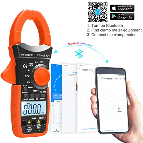 Digital AC/DC Volt Amp Clamp Meter,Wireless Bluetooth Auto Ranging 1000A Ammeter Clamp Multimeter for Voltage,Current,Ohm,Cap,Temperature Tester 2.YF-570S-APP AC DC Current Clamp with BT