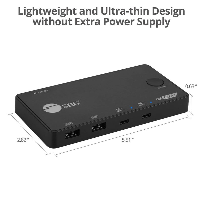 SIIG 2 Port USB-C KVM Switch - 2 Computers to 1 Monitor - 2X USB-A + 2X USB-C - Single 4K 60Hz HDMI, USB-C Bus Powered, Button Control, Thunderbolt 3 Compatible (CE-KV0B11-S1)
