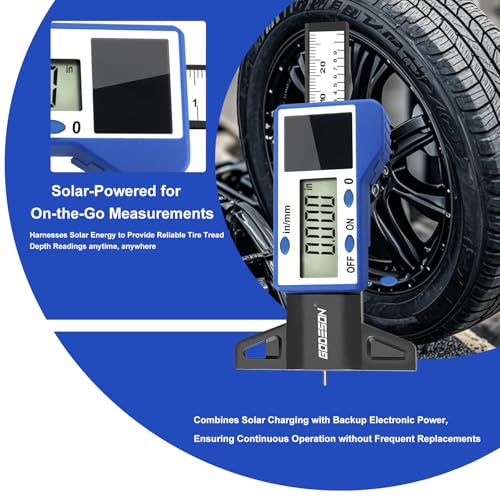 GODESON Digital Tire Tread Depth Gauge – Solar & Battery Hybrid, Inch/MM Modes, 1"/25.4mm Range, Blue Accurate Tread Depth Gauge Tool for Cars, Trucks & Motorcycles Tire Wear Check IN/MM - Blue