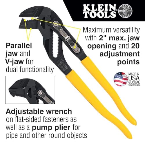 Klein Tools D53010 Plier Wrench, High Leverage Multi-Use Pump Plier with Adjustable and Reversible Double-Sided Jaw, Smooth and Knurled Teeth, 10-Inch 10-Inch (1-Piece)
