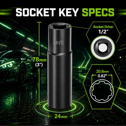 AUTOPTIM 7 Spline Lug Nuts Socket Key - 1/2" Drive Impact for 19mm Hex Nuts Impact Socket Black