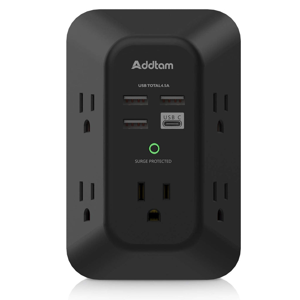 USB Wall Charger Surge Protector - Addtam 5 Outlet Extender with 4 USB Charging Ports (1 USB C), 3-Sided 1800J Power Strip Multi Plug Outlets Adapter Widely Spaced,Black 1C3A