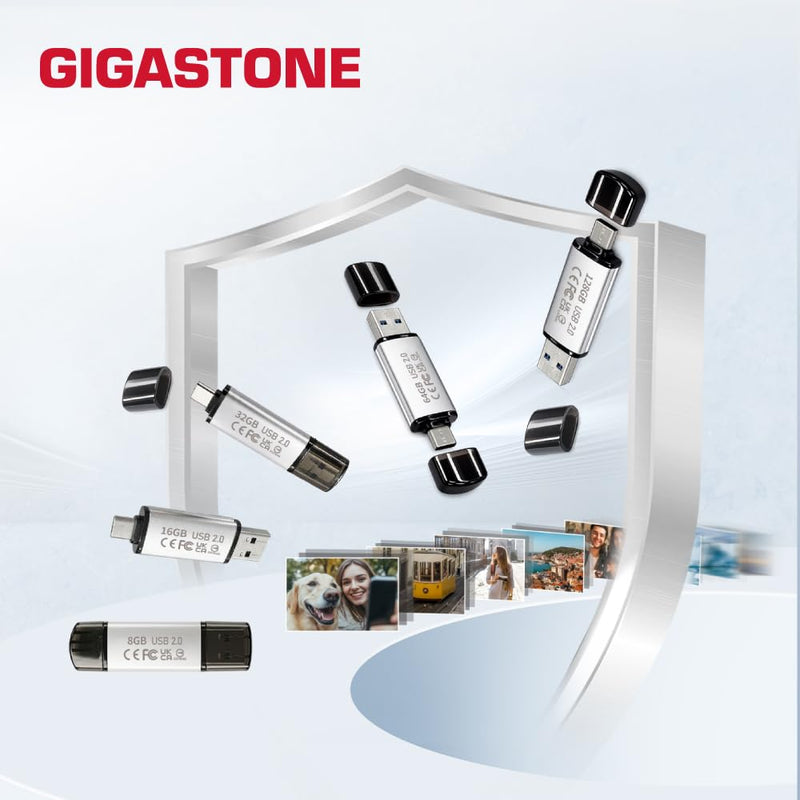 GIGASTONE 64GB Dual Flash Drive (2 Pack) V40S USB 2.0, 2-in-1 Type-A & Type-C, High Speed, Head Cap Design, Plug & Play for Smartphone/PC/Mac/TV/Car Audio