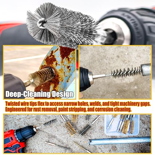 16Pcs Bore Brush Set - 304 Stainless Steel & Brass Drill Wire Bore Brushes Multicolor