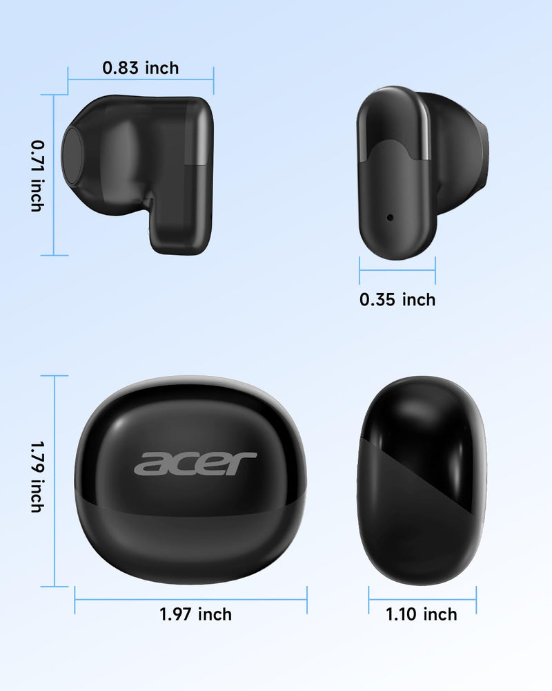 Acer Wireless Earbuds, 0.12oz Ultra-Light Ear Buds，Bluetooth 6.0 Headphones | 13mm Driver for Powerful Bass, 35H Playtime, Clear Calls Mic, Water & Dust Resistance, Office, Commute & Daily Use, Black