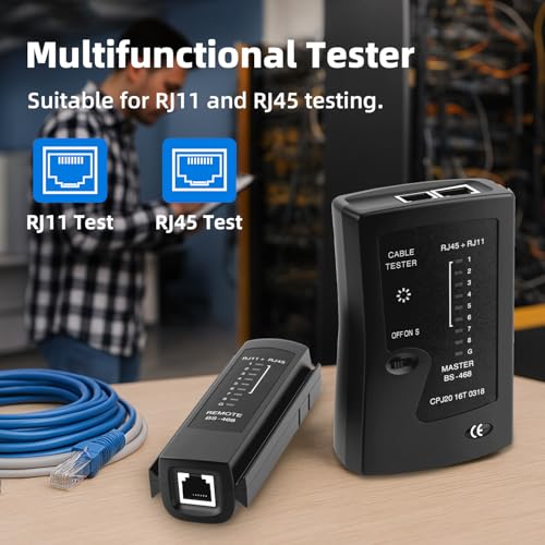Mcbazel Ethernet Cable Tester - RJ45 RJ11 Network Tester Tool for CAT5/CAT5e/CAT6/CAT6a/CAT7, Portable LAN Wire Continuity Checker with LED Indicators, S-Mode Speed & Detachable Remote - Black
