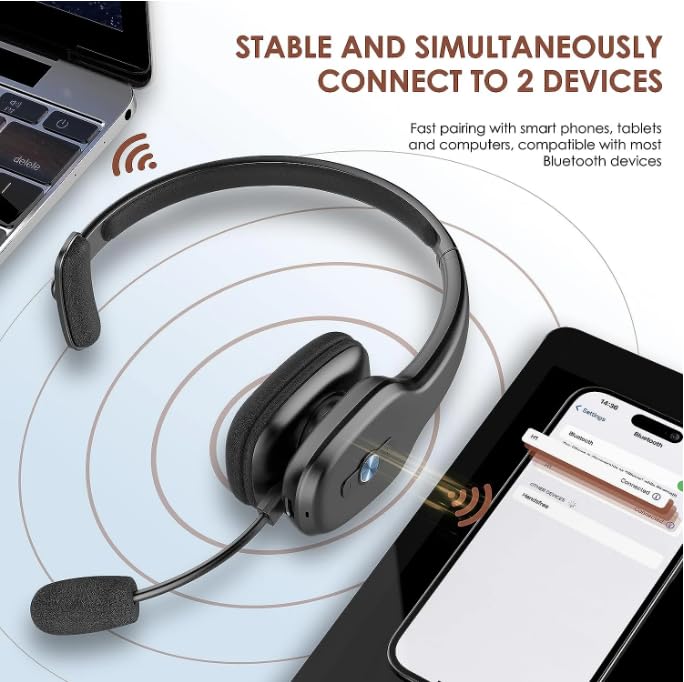 Truck Driver Bluetooth Headset with Mic, Single Ear Wireless Headset, Noise Cancelling Microphone & Mute, 50H Long Battery Life, Hands Free Headset for Trucker, Call Center, Home Office (Black)