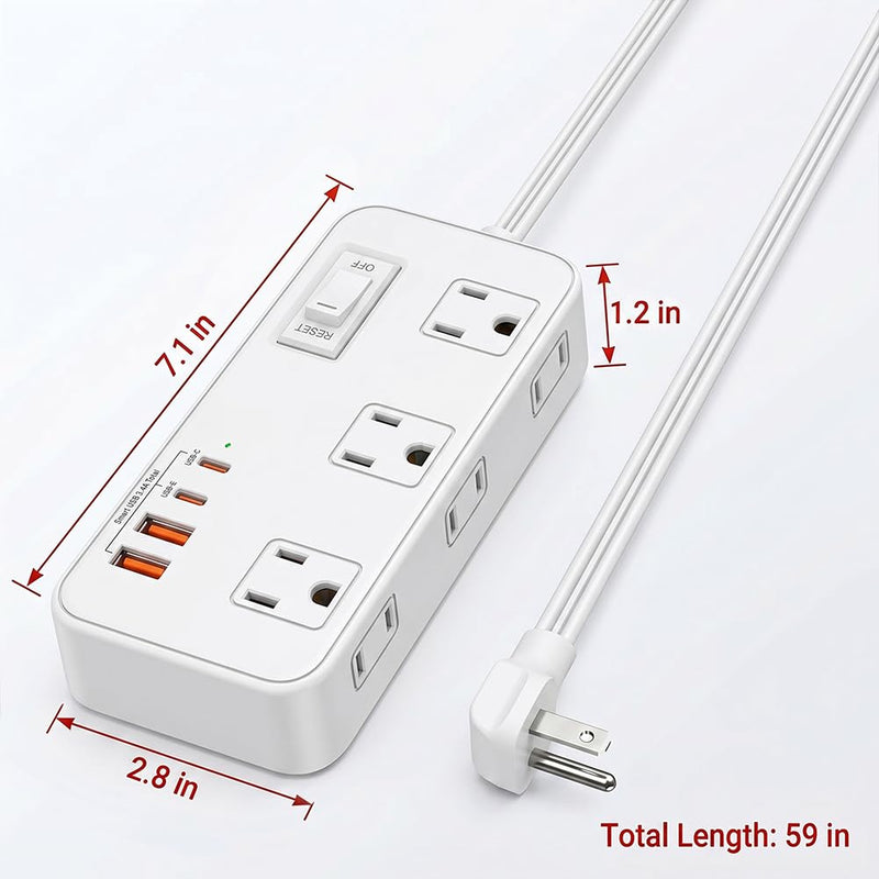 Power Strip with Surge Protector, Outlet Extender,6 AC, 2 USB A,2 USB C Port for 17W Power Strip Charger 5ft Power Cord 1875W 100-250V for Home, Office, Dorm Essential,White