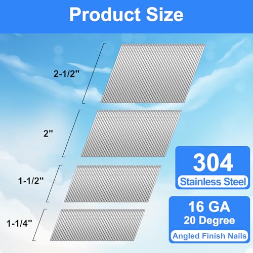 16 Gauge 20 Degree Angled 1-1/4~2-1/2" 304SS Finish Nails, 1000 Pack