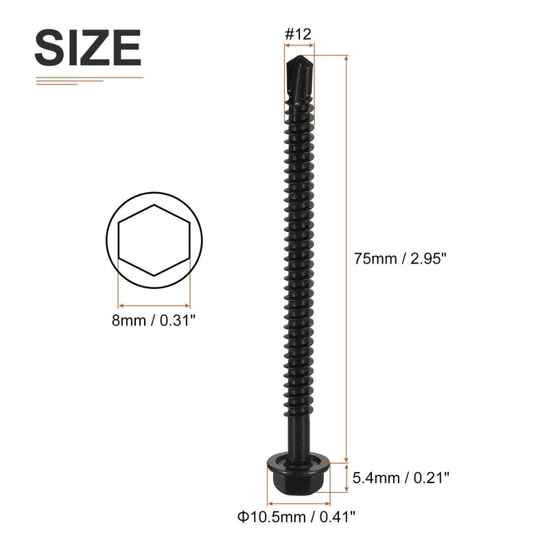 DTGN #12x3 Hex Washer Head Self Drilling Screws - 100Pack - Good for Machine - 410 Stainless Steel Black Oxide - Self Tapping Sheet Metal Screws #12x3" 100