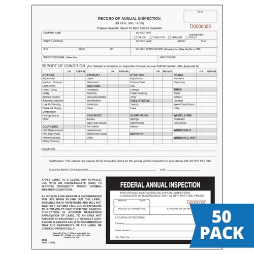 J. J. Keller Record of Annual Inspection Form and Label, 50 Pack 50-pack