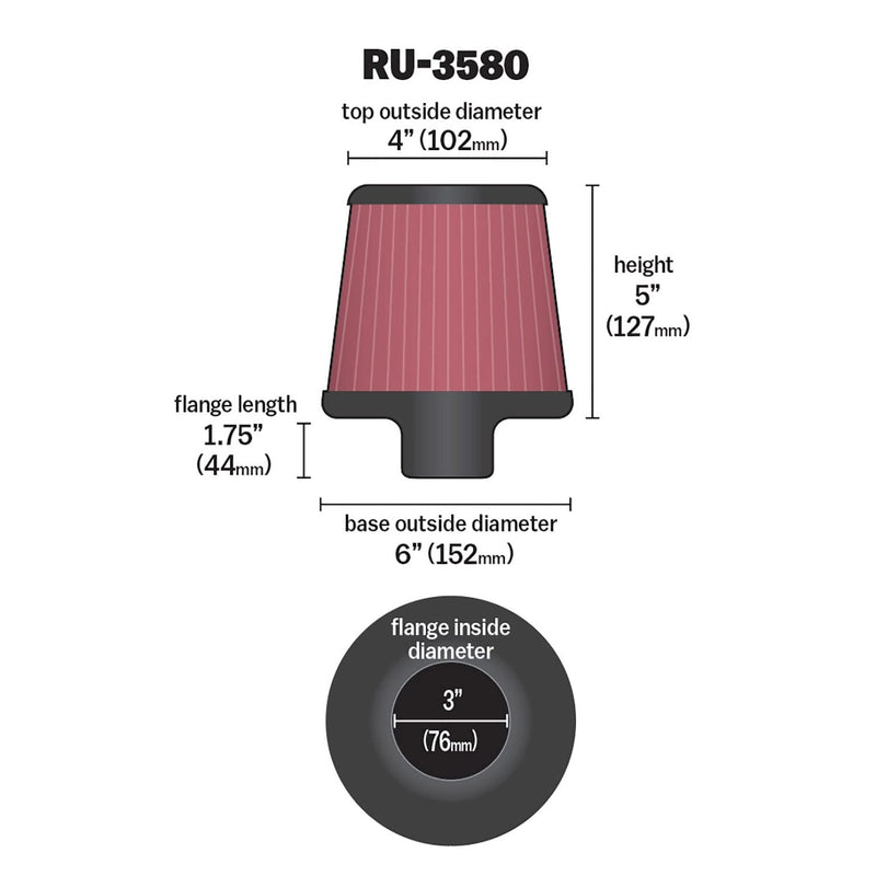 K&N Universal Clamp-On Air Intake Filter: High Performance, Premium, Washable, Replacement Filter: Flange Diameter: 3 In, Filter Height: 5 In, Flange Length: 1.75 In, Shape: Round Tapered, RU-3580