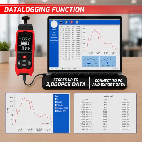 Digital Tachometer Non-Contact & Contact RPM Meter Datalogger, 3-100,000 RPM Laser Tachometer with 2,000 Data Logging Function, Surface Speed & Length Measurement, Includes Reflective Tape and Probes