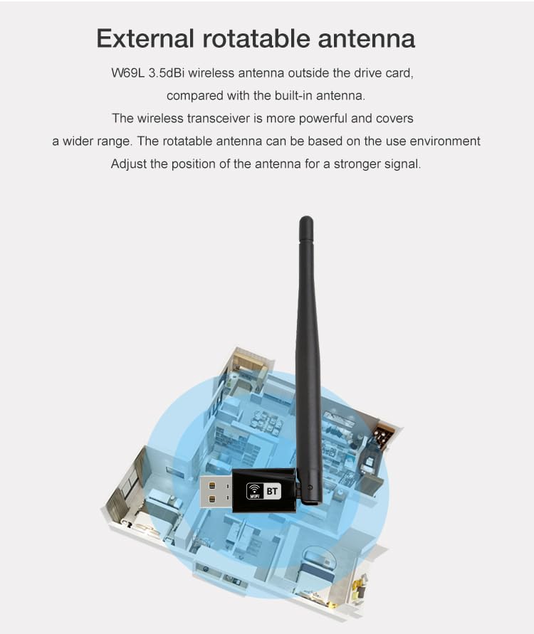 JAPOO RTL8821CU WiFi Wireless USB WiFi Adapter for Desktop PC and Laptop,WiFi + BT4.0 600Mbps High Gain Dual Band 3.5dBi Antenna 5G/2.4G WiFi Adapter,Supports Win XP/7/8/10 (with Antenna) W69L-600M