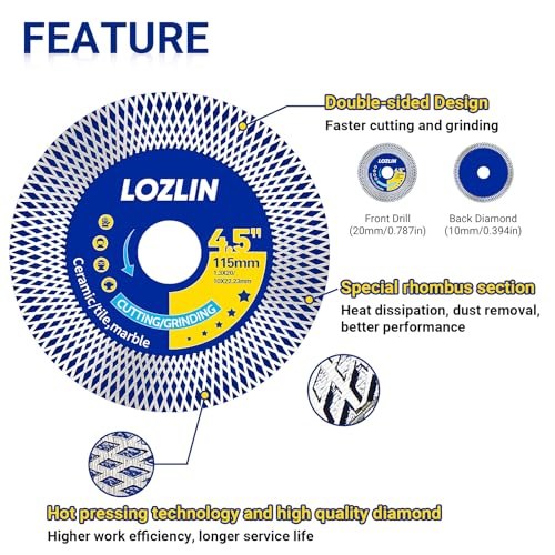 LOZLIN Diamond Blades 3-Pack 4.5" Diamond Angle Grinder Blade - Ultra-Thin Dry Cutting & Grinding Disc for Porcelain/Ceramic Tiles, Dual-Purpose Saw Blade