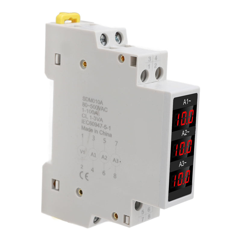 3 Phase DIN Rail Ammeter, LED Digital Display DIN Rail Amp Meter, Amp Meter with 3 Sensors AC80‑500V 1‑100A, Display Measurement Trends