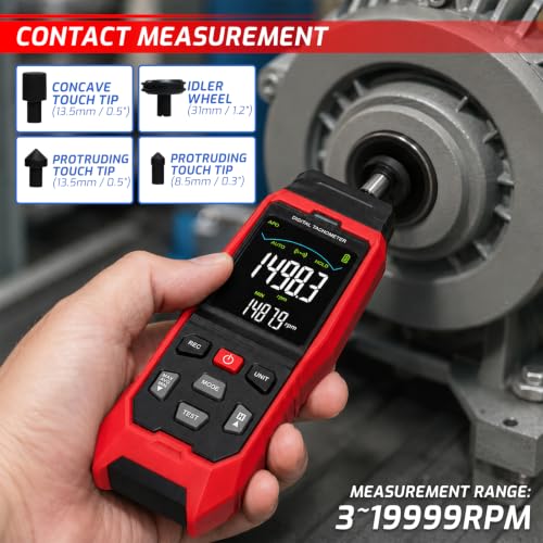 Digital Tachometer Non-Contact & Contact RPM Meter Datalogger, 3-100,000 RPM Laser Tachometer with 2,000 Data Logging Function, Surface Speed & Length Measurement, Includes Reflective Tape and Probes