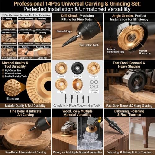 14PCS Wood Carving Disc Set for 4" & 4.5" Angle Grinder, 5 Shapes