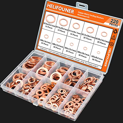 220 Pieces Copper Washers, HELIFOUNER 10 Sizes Copper Metric Sealing Washers, Flat Washers Assortment Kit (M5 M6 M8 M10 M12 M14 M16)