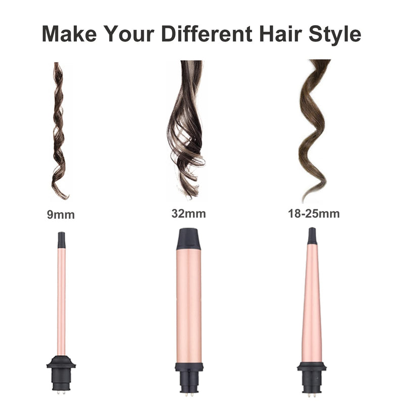 JAETON 3 in 1 Curling Iron Wand Set with 3 Interchangeable Barrel(9-32mm) | 2 Temp 180℃/230℃ Hair Curler for Long & Short Hair, Instant Heat Up Curling Tongs, Include Glove, Dual Voltage Small-1, 3 tubes