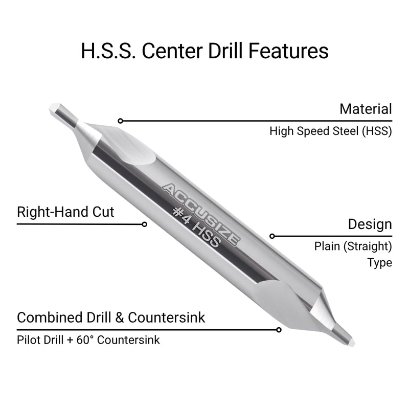 Accusize #4 HSS Center Drill, 0530-0400x10 | No.4, 5/16" x 1/8" x 2-1/8", 10 Pcs Pack, H.S.S. Center Drill Bits NO.4, 5/16" x 1/8" x 2-1/8", 10 pc